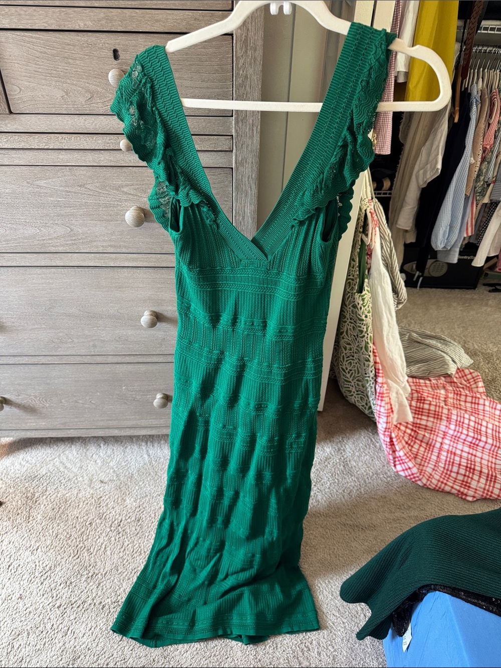 Sezane Emerald Green V-Neck Ruffle Strap Maxi Dress
